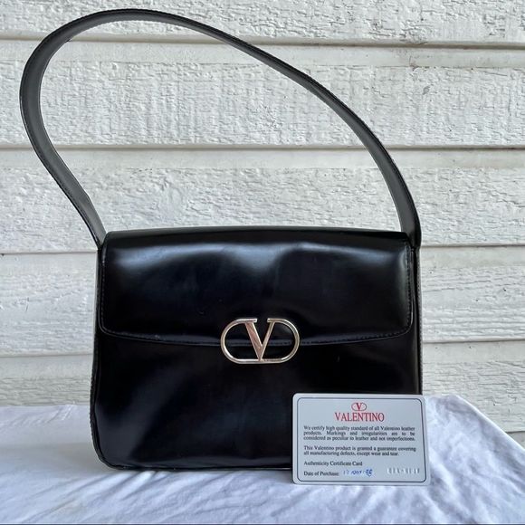 Valentino Handbags - VALENTINO Vintage V Logo Leather Flap Bag Baguette Hobo + Authenticity Card